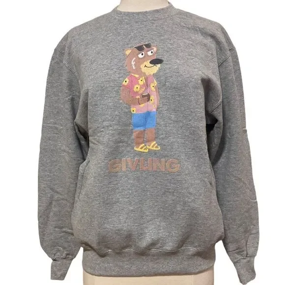 GIVLING Bear Grey Crewneck Sweater - sz Youth XL - fits women’s S/M - Picture 1 of 6